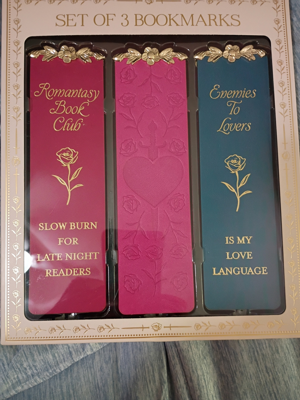 Set of 3 Leather With Metal Bookmarks - Pink, Teal And Red with Gold Accents